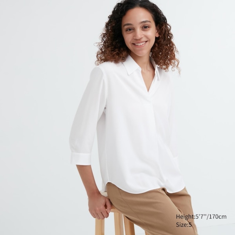 Uniqlo Rayon Skipper Collar 3/4-Sleeve Skjorte Dame Hvite | 7084-JOPKV