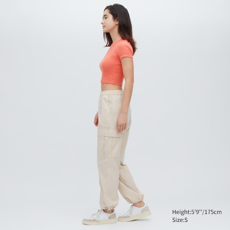 Uniqlo Ribbet Crew Neck Kort-Sleeve Cropped T-skjorte Dame Oransje | 8051-WLRQM