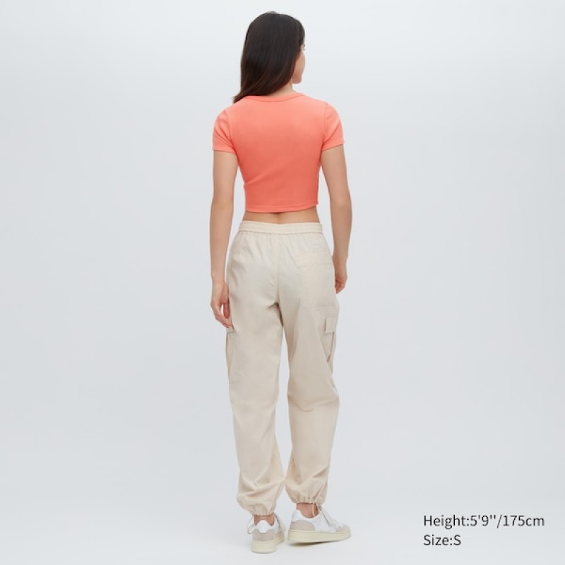 Uniqlo Ribbet Crew Neck Kort-Sleeve Cropped T-skjorte Dame Oransje | 8051-WLRQM