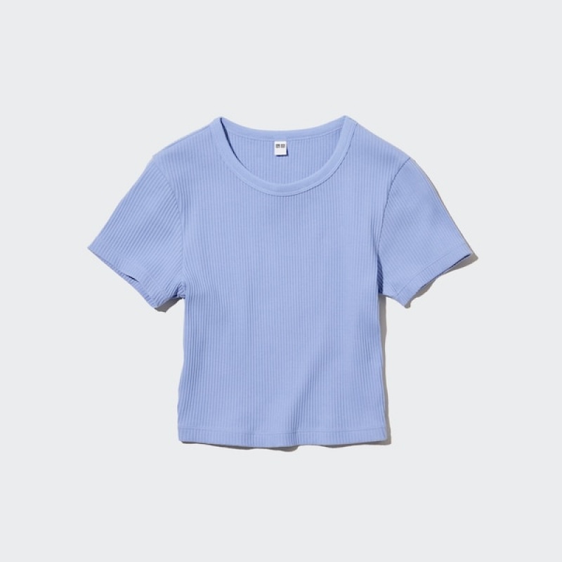 Uniqlo Ribbet Crew Neck Kort-Sleeve Cropped T-skjorte Dame Blå | 2465-STKMU