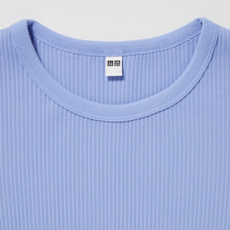 Uniqlo Ribbet Crew Neck Kort-Sleeve Cropped T-skjorte Dame Blå | 2465-STKMU