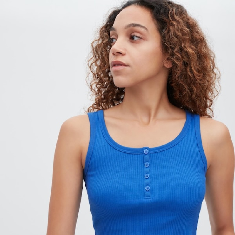 Uniqlo Ribbet Henley Neck Cropped Tank Topper Dame Svarte | 8032-AFDHY