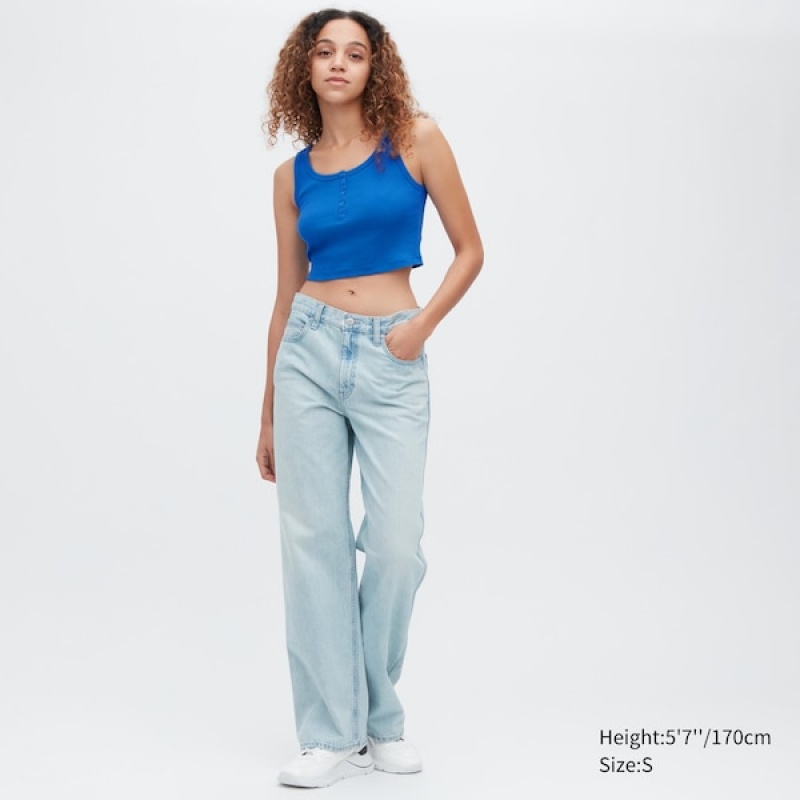 Uniqlo Ribbet Henley Neck Cropped Tank Topper Dame Svarte | 8032-AFDHY