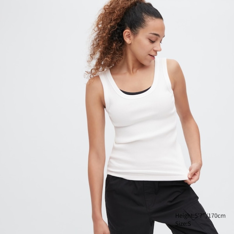 Uniqlo Ribbet Tank Topper Dame Hvite | 2103-TYJWR