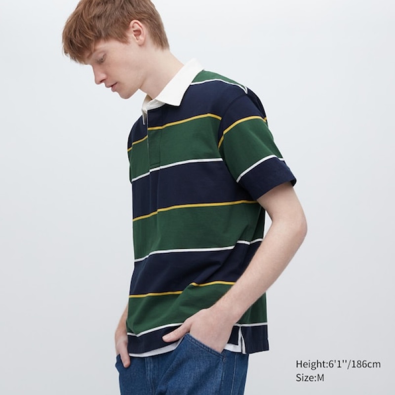 Uniqlo Rugger Stripete Kort Sleeve Polo Skjorte Herre Grønn | 6013-QHWFM