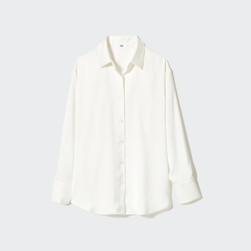 Uniqlo Satin Long-Sleeve Skjorte Dame Hvite | 3561-BMQAX