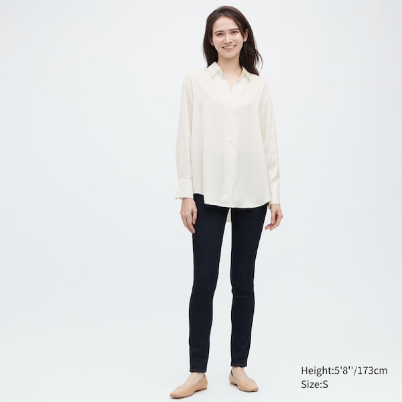 Uniqlo Satin Long-Sleeve Skjorte Dame Hvite | 0587-MOBQP