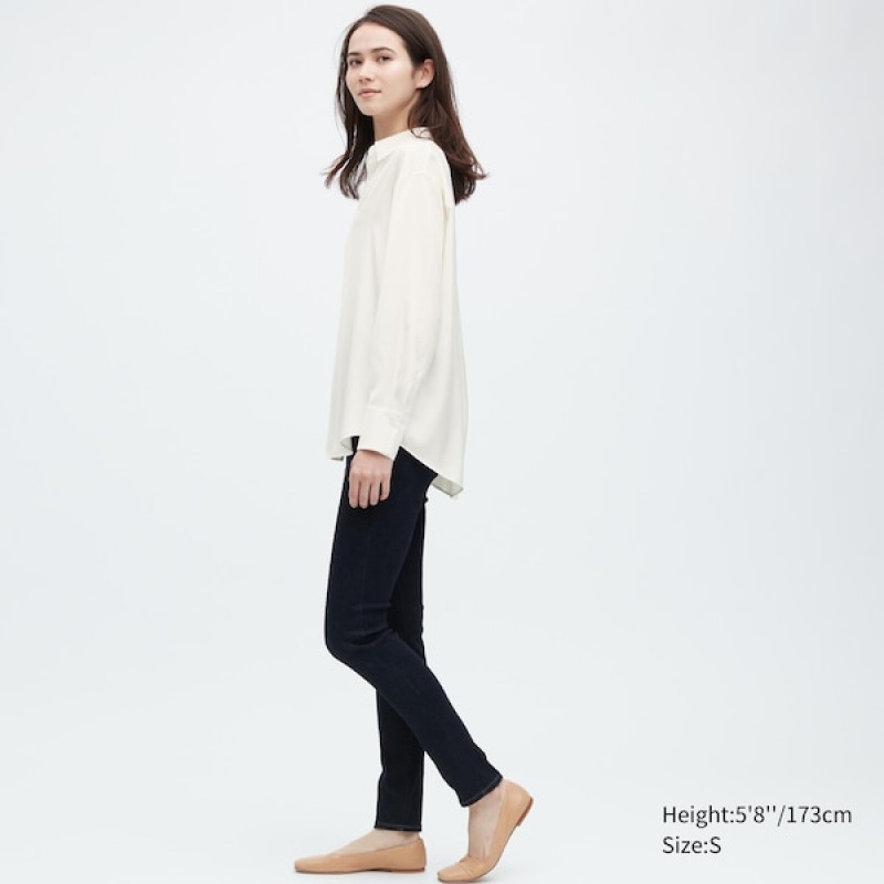 Uniqlo Satin Long-Sleeve Skjorte Dame Hvite | 0587-MOBQP