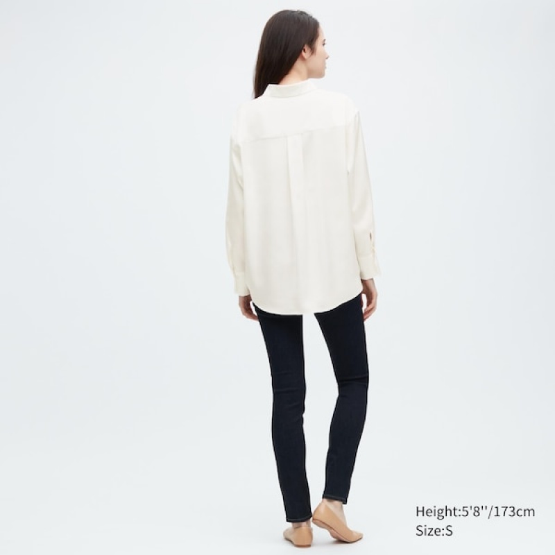 Uniqlo Satin Long-Sleeve Skjorte Dame Hvite | 0587-MOBQP