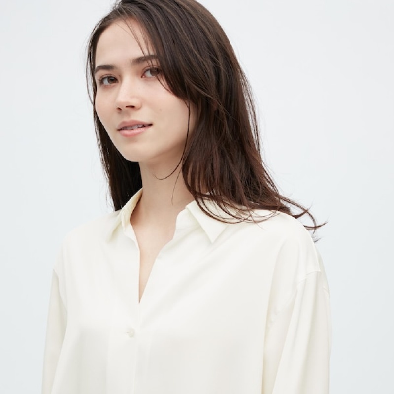 Uniqlo Satin Long-Sleeve Skjorte Dame Hvite | 0587-MOBQP