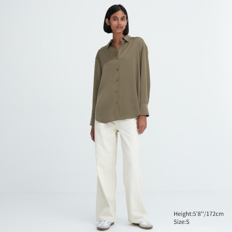 Uniqlo Satin Long-Sleeve Skjorte Dame Olivengrønne | 0926-XUGEO