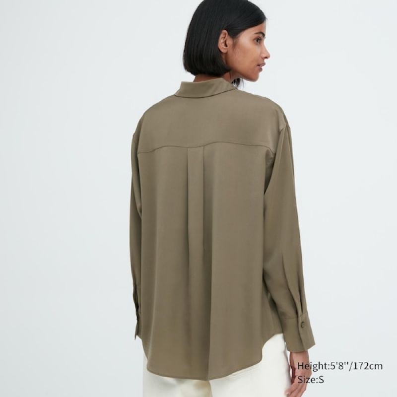 Uniqlo Satin Long-Sleeve Skjorte Dame Olivengrønne | 0926-XUGEO