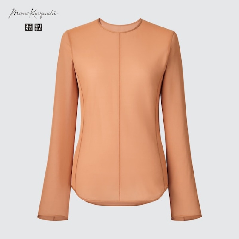 Uniqlo Sheer Crew Neck Long-Sleeve T-skjorte Dame Brune | 1375-GZDBO