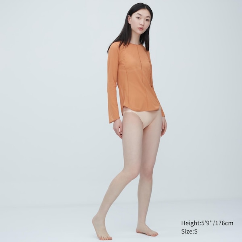 Uniqlo Sheer Crew Neck Long-Sleeve T-skjorte Dame Brune | 1375-GZDBO