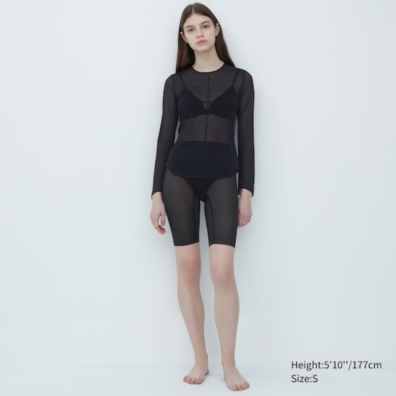 Uniqlo Sheer Crew Neck Long-Sleeve T-skjorte Dame Svarte | 8167-TNZMU