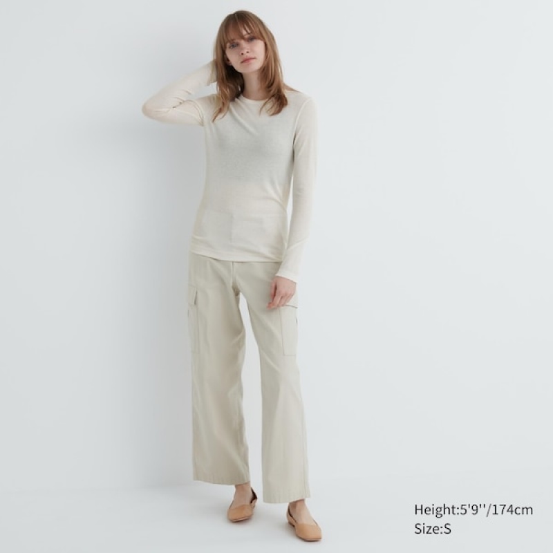 Uniqlo Sheer Jersey Crew Neck Long-Sleeve T-skjorte Dame Hvite | 3105-WGAFJ