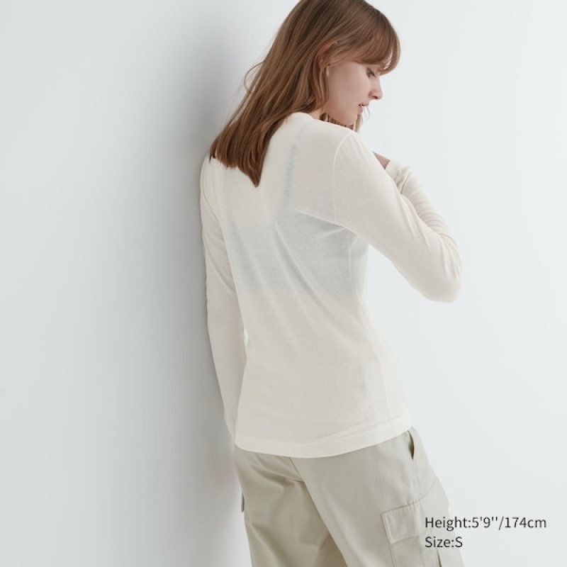 Uniqlo Sheer Jersey Crew Neck Long-Sleeve T-skjorte Dame Hvite | 3105-WGAFJ