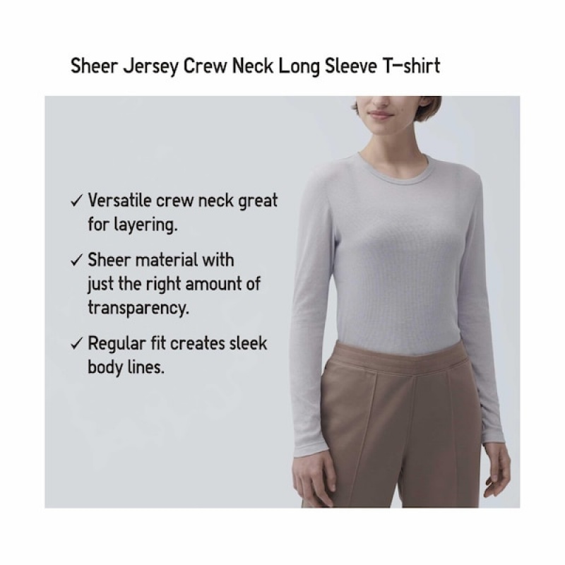 Uniqlo Sheer Jersey Crew Neck Long-Sleeve T-skjorte Dame Hvite | 6105-XGEHV