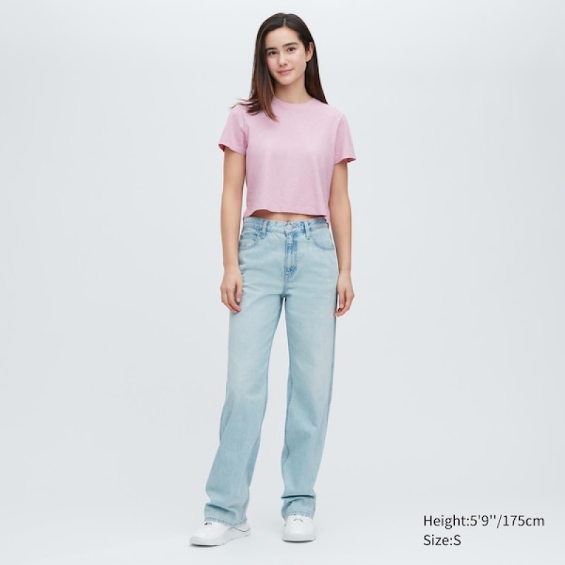 Uniqlo Slub Jersey Cropped Kort-Sleeve T-skjorte Dame Rosa | 8527-BRHUJ