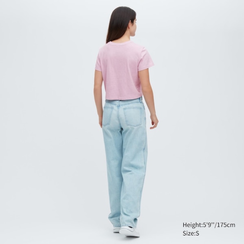 Uniqlo Slub Jersey Cropped Kort-Sleeve T-skjorte Dame Rosa | 8527-BRHUJ