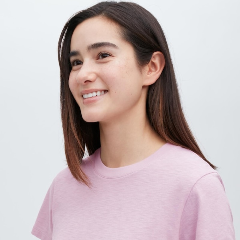 Uniqlo Slub Jersey Cropped Kort-Sleeve T-skjorte Dame Rosa | 8527-BRHUJ