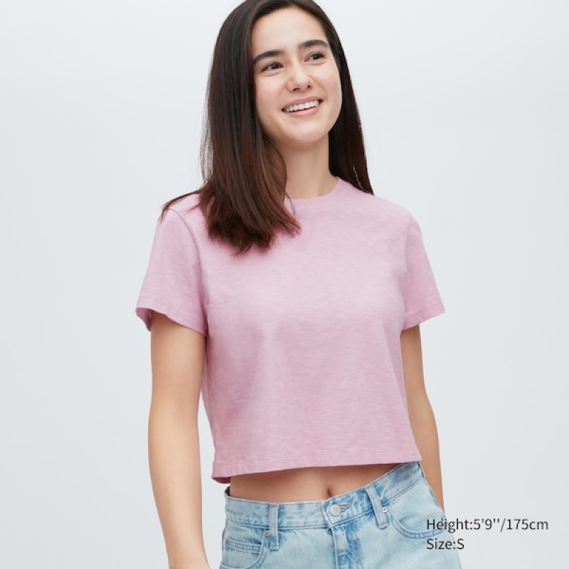 Uniqlo Slub Jersey Cropped Kort-Sleeve T-skjorte Dame Rosa | 8527-BRHUJ