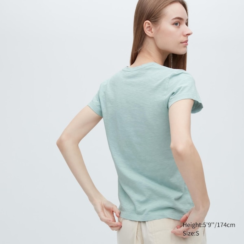 Uniqlo Slub Jersey V-Neck Kort-Sleeve T-skjorte Dame Turkis | 0893-HZXCP