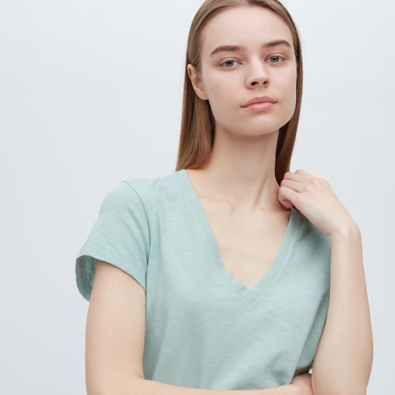 Uniqlo Slub Jersey V-Neck Kort-Sleeve T-skjorte Dame Turkis | 0893-HZXCP