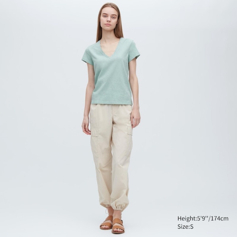 Uniqlo Slub Jersey V-Neck Kort-Sleeve T-skjorte Dame Turkis | 0893-HZXCP