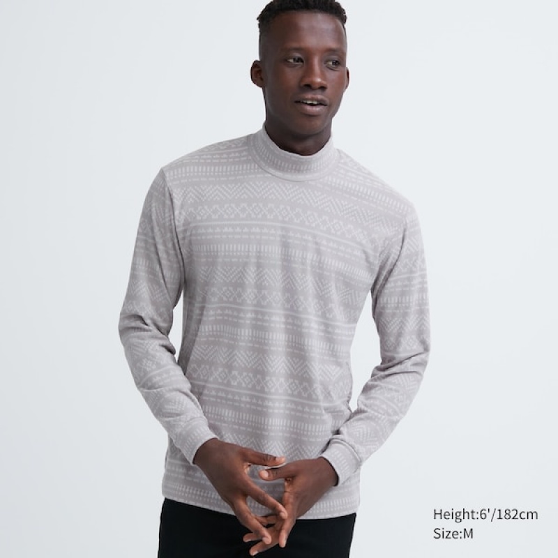 Uniqlo Smooth Fleece Printed Mock Neck T-skjorte Herre Grå | 1024-BGPIJ