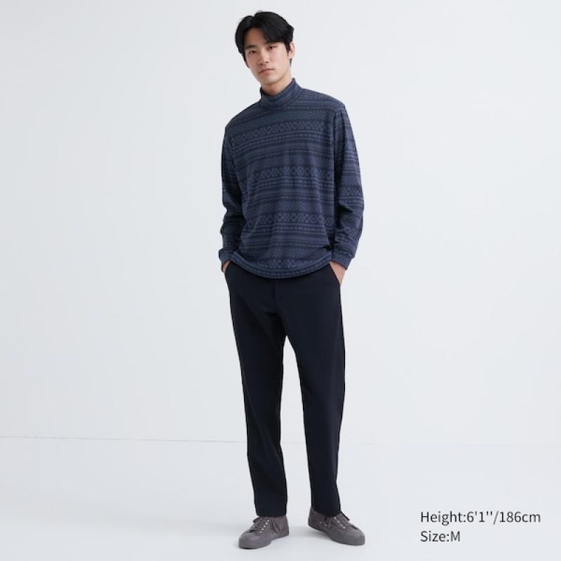 Uniqlo Smooth Fleece Printed Mock Neck T-skjorte Herre Blå | 5821-IMORD