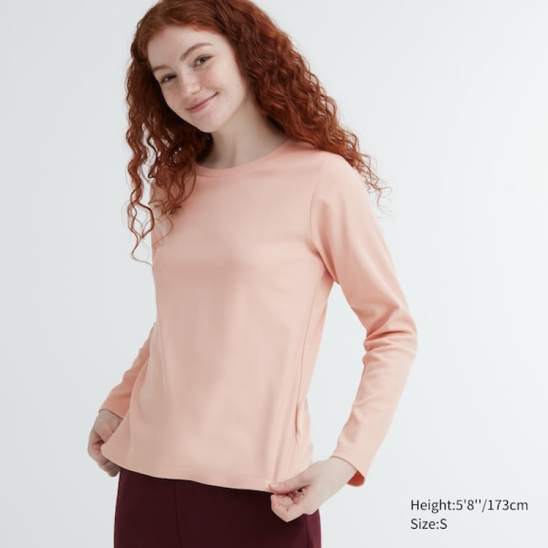 Uniqlo Smooth Stretch Bomull Crew Neck Long-Sleeve T-skjorte Dame Rosa | 0735-RTUXE