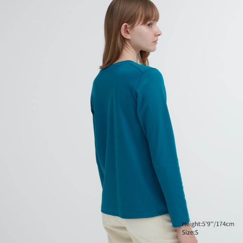 Uniqlo Smooth Stretch Bomull Crew Neck Long-Sleeve T-skjorte Dame Blå | 2389-OCELZ