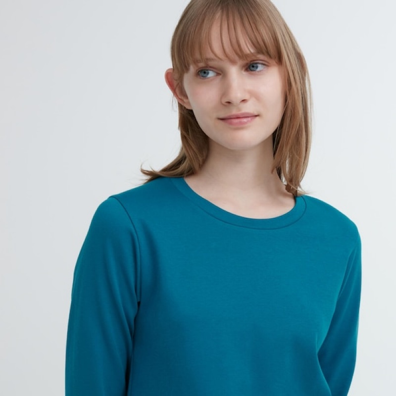 Uniqlo Smooth Stretch Bomull Crew Neck Long-Sleeve T-skjorte Dame Blå | 2389-OCELZ