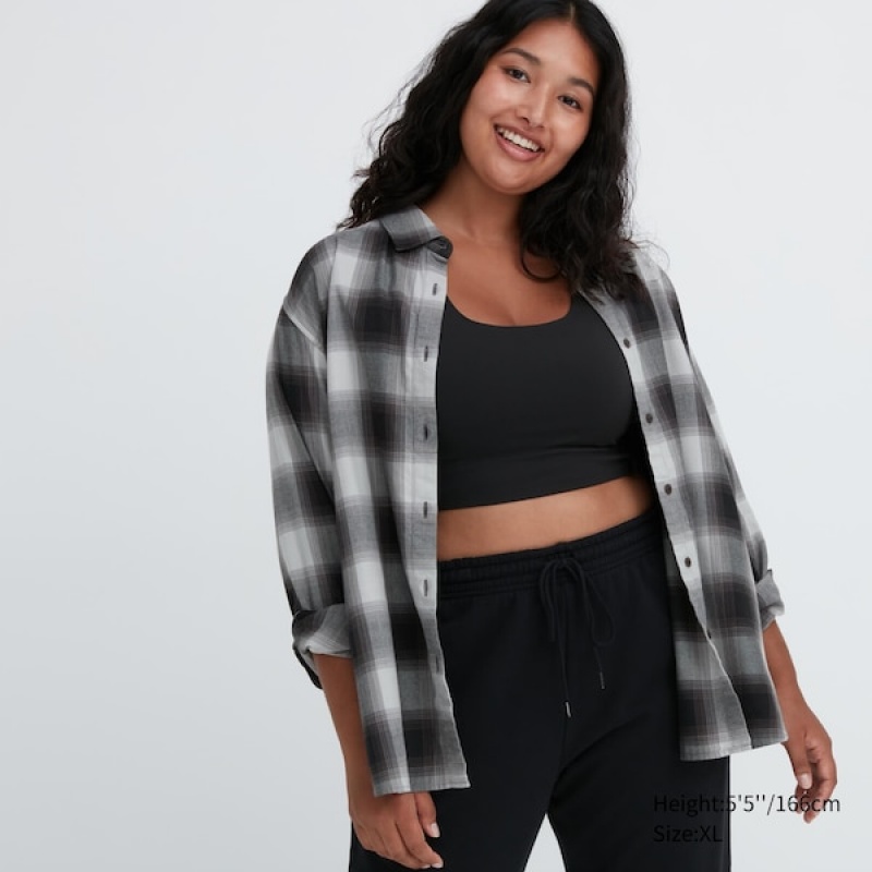 Uniqlo Soft Brushed Checked Long-Sleeve Skjorte Dame Mørke Grå | 4897-ZVNGM