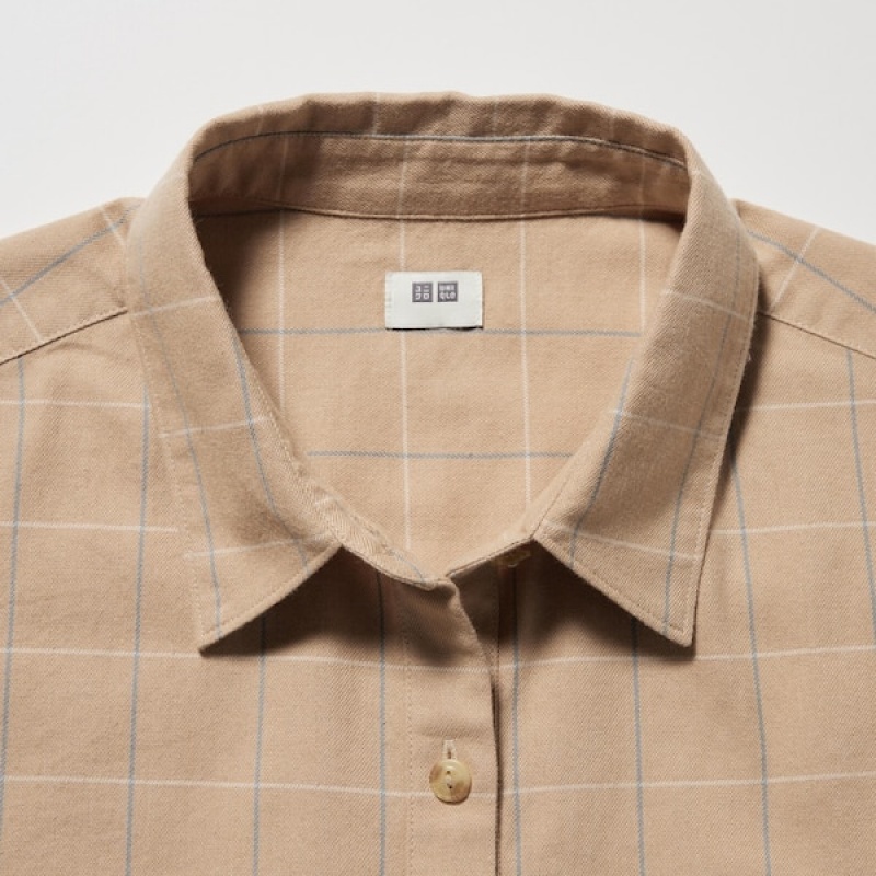 Uniqlo Soft Brushed Checked Long-Sleeve Skjorte Dame Beige | 0632-AZJBF