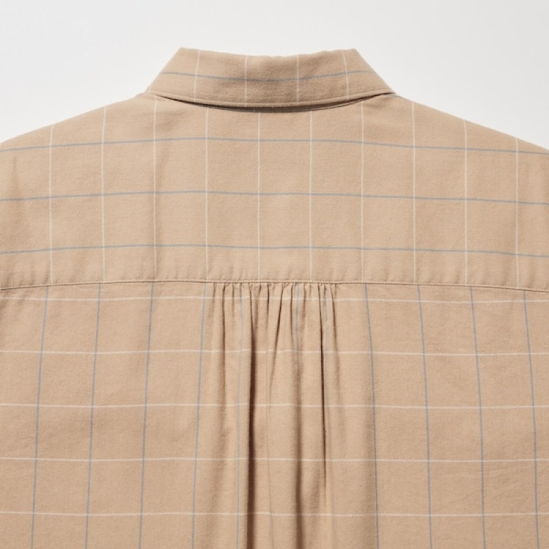 Uniqlo Soft Brushed Checked Long-Sleeve Skjorte Dame Beige | 0632-AZJBF