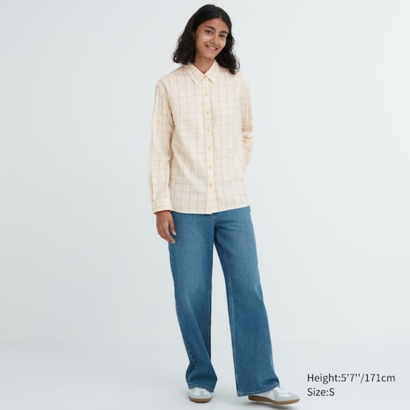 Uniqlo Soft Brushed Checked Long-Sleeve Skjorte Dame Hvite | 1563-MOVXE