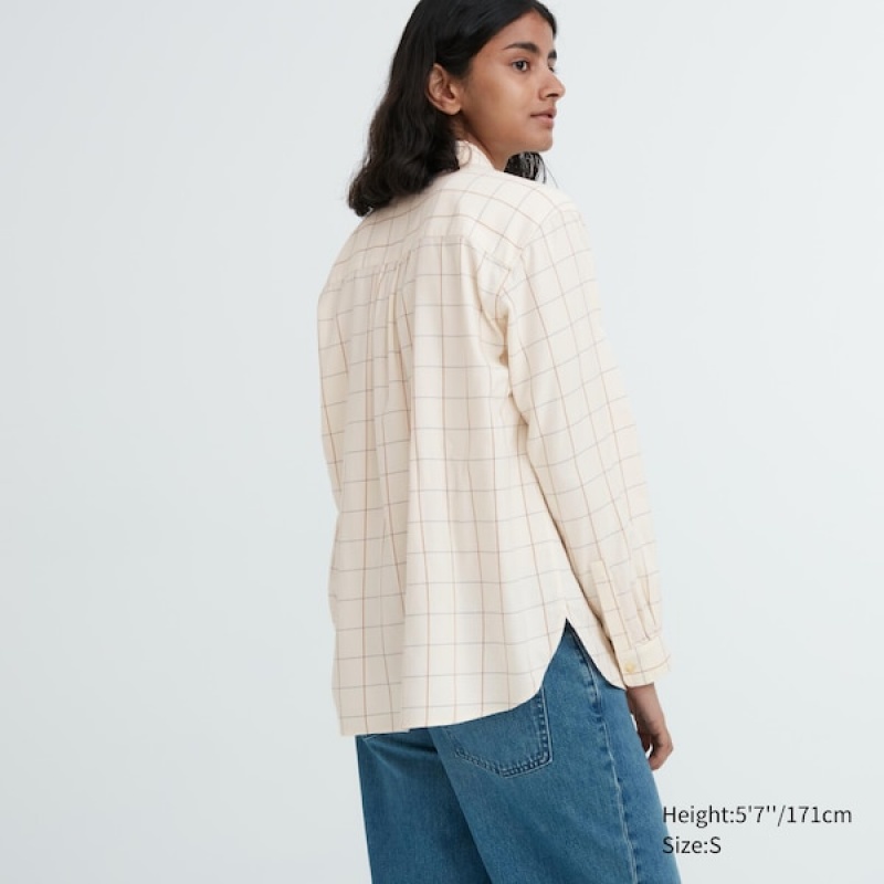 Uniqlo Soft Brushed Checked Long-Sleeve Skjorte Dame Hvite | 1563-MOVXE