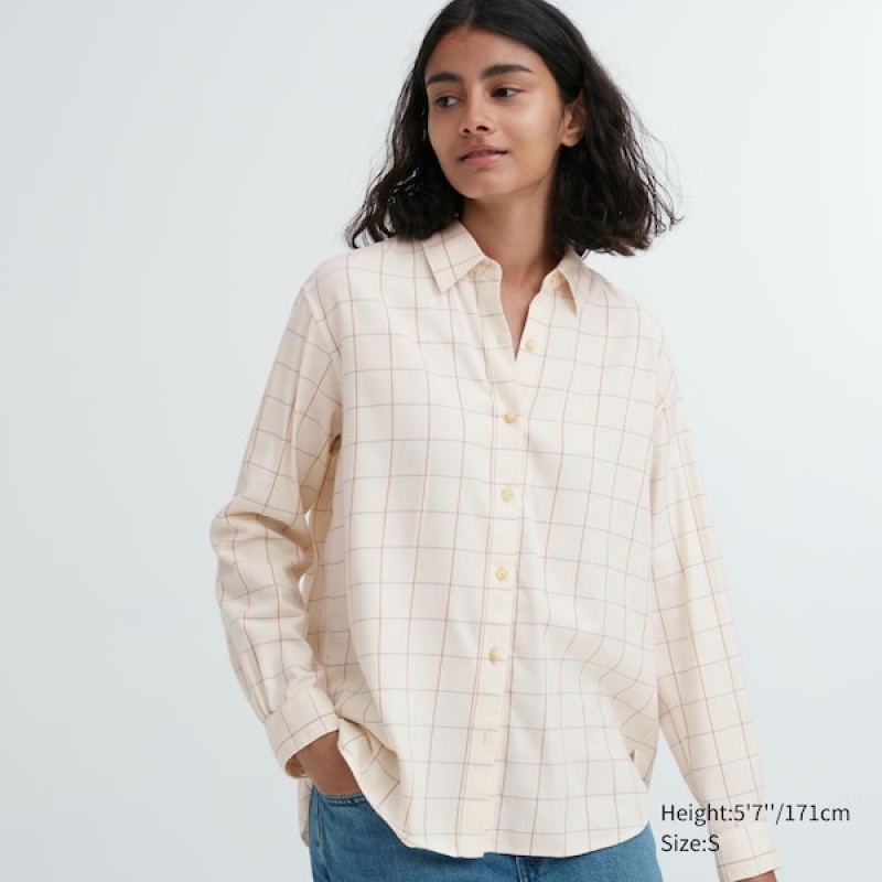 Uniqlo Soft Brushed Checked Long-Sleeve Skjorte Dame Hvite | 1563-MOVXE