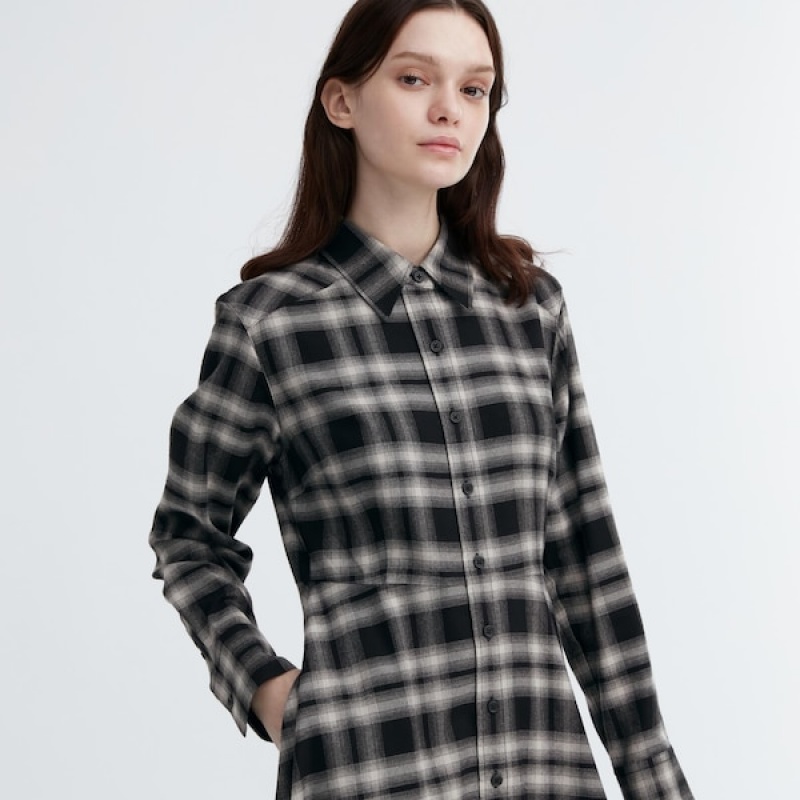 Uniqlo Soft Brushed Checked Long-Sleeve Shirt Kjole Dame Svarte | 5697-JRBAQ