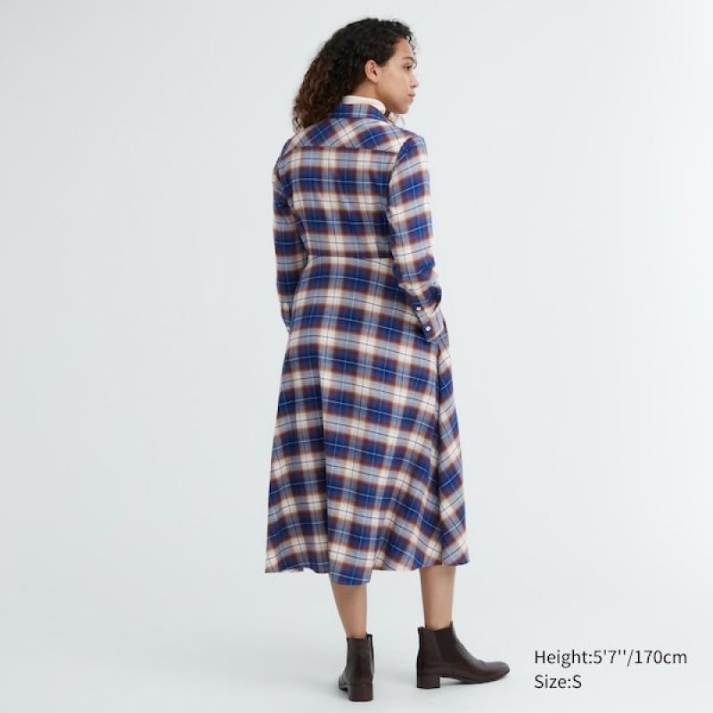 Uniqlo Soft Brushed Checked Long-Sleeve Shirt Kjole Dame Blå | 4197-DRAFK