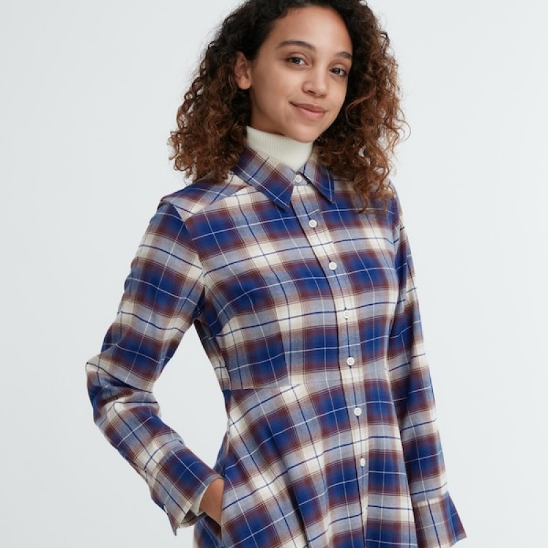 Uniqlo Soft Brushed Checked Long-Sleeve Shirt Kjole Dame Blå | 4197-DRAFK