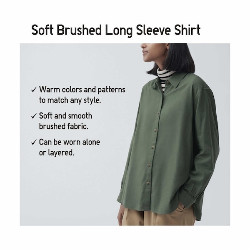 Uniqlo Soft Brushed Long-Sleeve Skjorte Dame Grønn | 0842-VGDCX