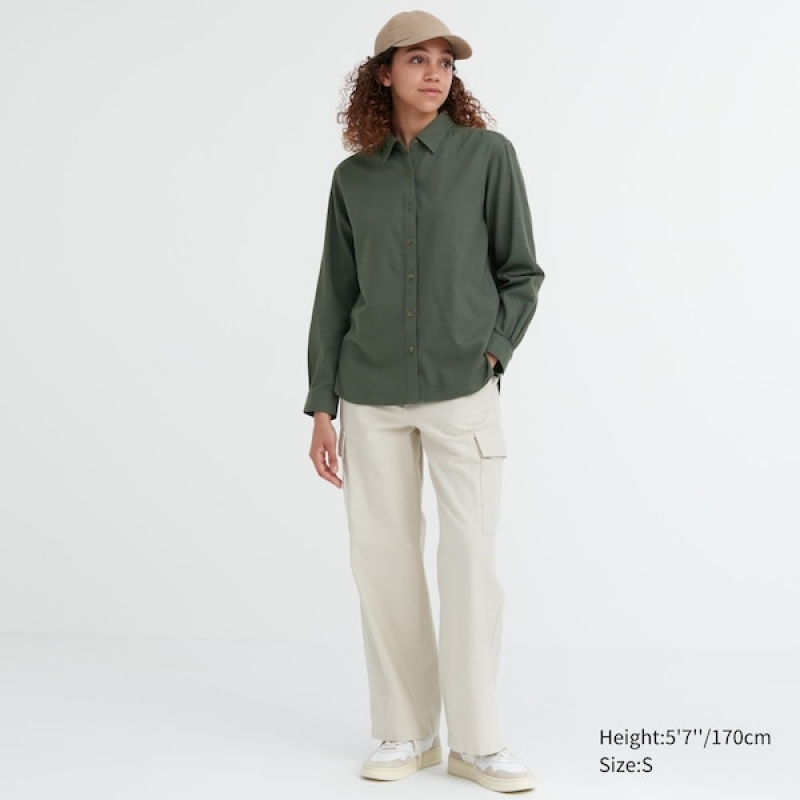 Uniqlo Soft Brushed Long-Sleeve Skjorte Dame Grønn | 0842-VGDCX