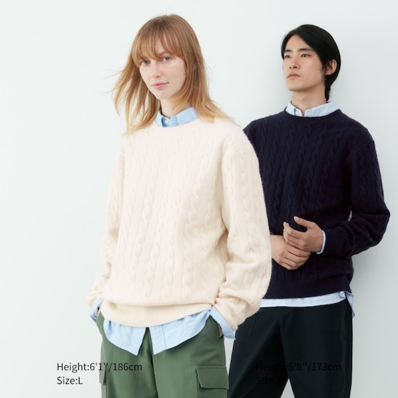 Uniqlo Souffle Yarn Cable Crew Neck Gensere Herre Hvite | 5831-LBJPD