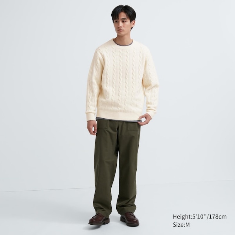 Uniqlo Souffle Yarn Cable Crew Neck Gensere Herre Hvite | 5831-LBJPD