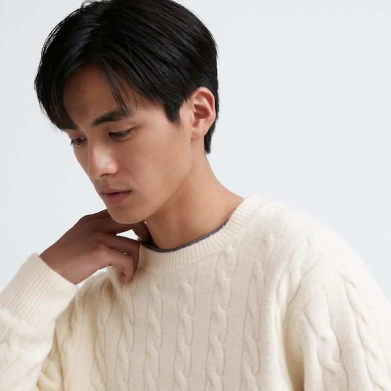 Uniqlo Souffle Yarn Cable Crew Neck Gensere Herre Hvite | 5831-LBJPD