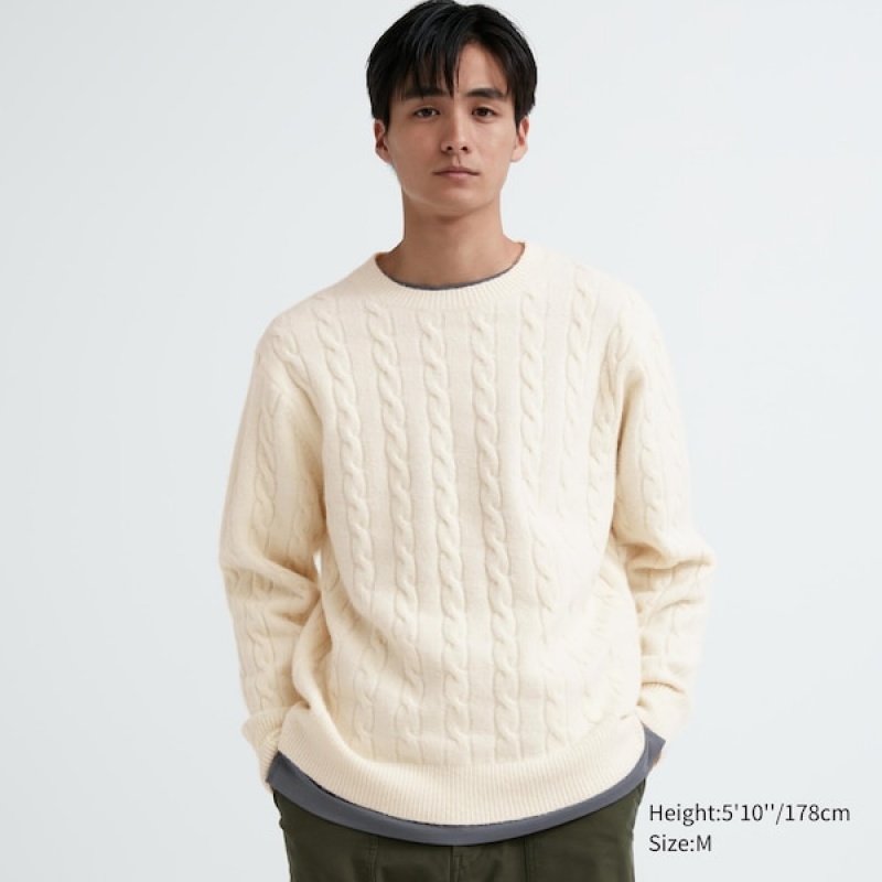 Uniqlo Souffle Yarn Cable Crew Neck Gensere Herre Hvite | 5831-LBJPD