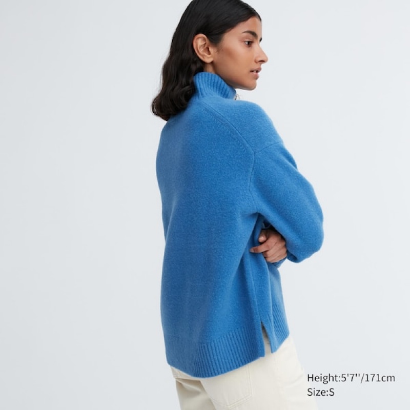 Uniqlo Souffle Yarn High Neck Long-Sleeve Gensere Dame Blå | 0784-JTSRM